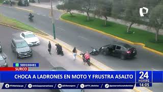 Surco Conductor choca a ladrones en moto y frustra asalto [upl. by Woolcott]