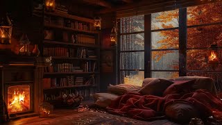 Peaceful Autumn Evening Fireplace and Gentle Rain 🌧️ Smooth Jazz at A Cozy Reading Nook Ambience [upl. by Radloff]