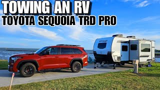 RV TOWING TEST 2024 Toyota Sequoia TRD Pro [upl. by Llerdnam367]