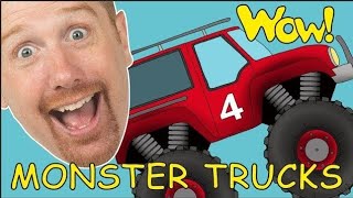 Monster Trucks for Children  Learning Speaking Stories with Wow English TV From Maggie And Steve [upl. by Anihsat]