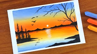 Simple Oil pastel Sunset Landscape Painting for beginners  Oil Pastel Drawing [upl. by Lebasy]