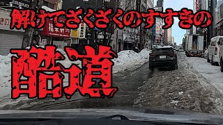 雪で大荒れの札幌 すすきのはデコボコ道～行啓通のザクザク雪道走行 [upl. by Netsoj]