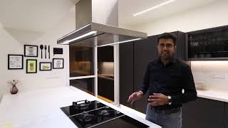 Acrylic Matt Glass Kitchen Blum Hafele Caesarstone Floating Kitchen at Brigade Exotica Bangalore [upl. by Sylvanus]