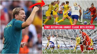 Australia Tony Gustavsson angrily clashe with referee for controversial USA goal Matildas v USA [upl. by Yren88]