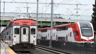 Caltrain Express New Electric EMUs and Old Diesel Trains at Speed  Lawrence [upl. by Naihr]