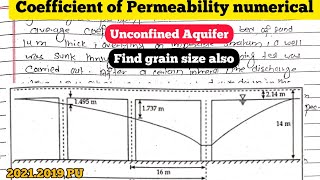 Unconfined Aquifer Numerical  find Grain size  Coefficient of Permeability  202120182013 PU [upl. by Acsecnarf719]