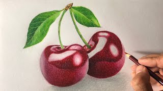 Drawing realistic cherries with prismacolor colored pencils  Timelapse [upl. by Nylcaj]