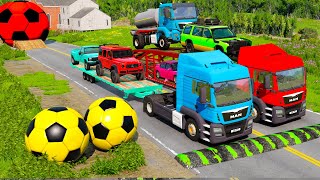 Double Flatbed Trailer vs Mega Speedbumps – Train vs Cars amp Tractor Crash  BeamNGDrive 001 [upl. by Anawd]