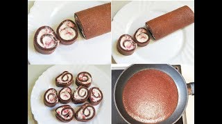 Chocolate Strawberry Roll Cake In Fry Pan  Fry Pan Roll Cake  Tasty Swiss Roll In Fry Pan [upl. by Nayllij]