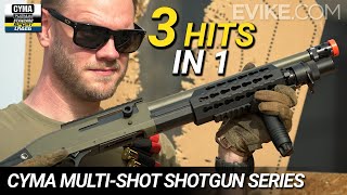 3 Hits in 1  CYMA Standard Sportline Pump Action 3Round MultiShot Shotgun Series Review [upl. by Niamor66]