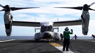 First Navy CMV22B Osprey Refueling and Landing Aboard an Aircraft Carrier [upl. by Narib414]