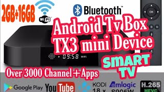 ANDROID TV BOX TX3 MINI DEVICE OVER 3000 CHANNEL ON [upl. by Wiggins]