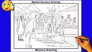 Memory Drawing  Market Scenery Drawing  Elementary grade exam drawing स्मरणचित्र  बाजारतील दृश्य [upl. by Alva360]