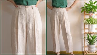 DIY High Waisted Pleated Baggy Pants  Linen Baggy Trousers [upl. by Iek229]