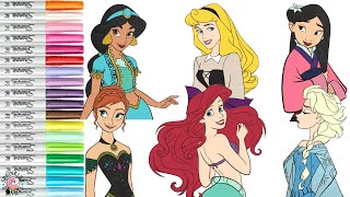 Disney Princess Coloring Book Compilation Anna Elsa Ariel Mulan Aurora and Jasmine [upl. by Alwitt814]