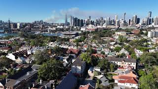 Bushfire smoke from Oxford Falls and Cromer Heights  Drone view from Glebe Sydney Australia CBD [upl. by Inama]