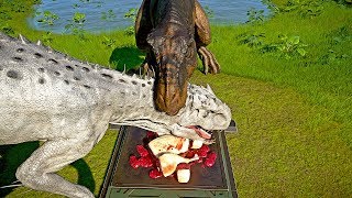 🌍 Jurassic World Evolution  Tyrannosaurus Rex Vs Indominus Rex Eating Together amp Fight [upl. by Airb771]