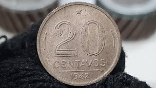 MOEDA RARA 20 CENTAVOS ANO 1942 GETÚLIO VARGAS VOCÊ TEM ALGUMA VEJA O VALOR 💲 20 A 100 REAIS 💰💲💲 [upl. by Millur]