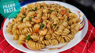 How To Make Creamy Prawn Pasta Recipe In Malayalam  White Sauce Pasta Recipe  Shrimp Pasta [upl. by Annavaj636]