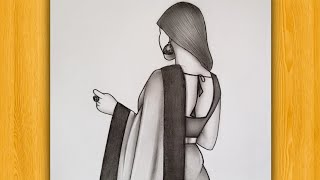 How to draw Girl backside in Saree  Pencil sketch for beginner  drawing tutorial [upl. by Auliffe]