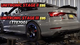 UNITRONIC AUDI RS3 STAGE ll VS STAGE lll TTE700 DYNO [upl. by Wolbrom769]