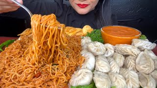 ASMR EATING SPICY NOODLESCHICKEN MOMOVEG MOMOLAYS CHIPS FOODVIDEOS [upl. by Llerruj]