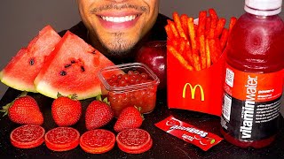 ASMR RED FOODS EDIBLE WATER BOTTLE EATING MCDONALDS FRIES HOT CHEETOS OREOS FRUITS ORBEEZ MUKBANG [upl. by Eiuqnom351]