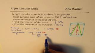 Cone Inscribed in Cylinder Find Volume from Surface Area and Circumference [upl. by Annel142]