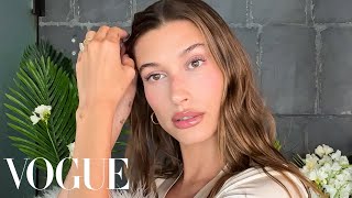 Hailey Biebers Date Night Skin Care amp Makeup Routine  Beauty Secrets  Vogue [upl. by Aisinut945]