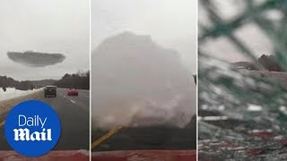 Ice sheet flies off car and smashes into drivers windshield  Daily Mail [upl. by Kenleigh]