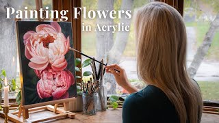 How To Paint Flowers In Acrylic  Peony Painting Timelapse Tutorial [upl. by Ennoid299]