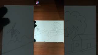 scenery drawing village drawing village scenery drawing drawing landscape drawing shorts art [upl. by Annayt]