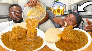 FUFU AND OGBONO SOUP AND GOAT MEAT SPEED EATING BIG BITE CHALLENGE DAD VS DAUGHTER SHOCKING WIN😱 [upl. by Kronfeld]