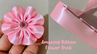 Super Easy Ribbon Flower Making  Hand Embroidery Amazing Trick with Ribbon  DIY Craft Ideas [upl. by Asirral]