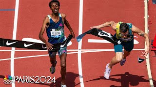 Jakob Ingebrigtsen lunges to save Prefontaine 3000m title by 01 over Yomif Kejelcha  NBC Sports [upl. by Nibur]