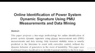 Online Identification of Power System Dynamic Signature Using PMU Measurements and Data Mining [upl. by Tower]