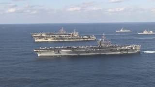 US Navy Three Carrier Formation in Western Pacific Ocean [upl. by Lucien]