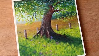 Como Pintar Un Amanecer Y Arbol En El Campo Con Acrilico [upl. by Faden]