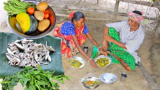 small fish curry with vegetables and pui shak cooking amp eating by our santali tribe old couple [upl. by Snave]