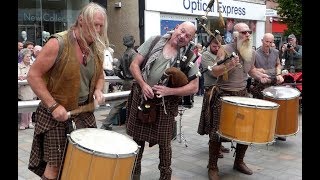 Amazing Bagpipes Kilts And Tribal Drums Music Medieval Fair Perth Perthshire Scotland [upl. by Minsat]