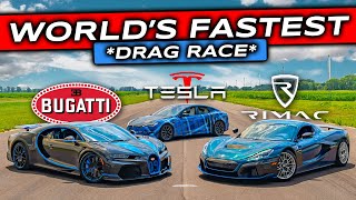 WORLDS FIRST Rimac Nevera V Bugatti Chiron SuperSport V Tesla Plaid DRAG RACE [upl. by Eelrahc771]