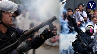 Militares venezolanos lanzan gases lacrimógenos para dispersar las protestas en Caracas [upl. by Ennairam575]