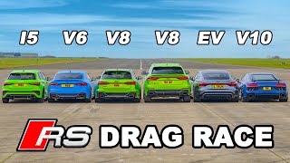 Audi R8 v RS etron GT v RS3 v RS6 v RSQ8 v RS5 DRAG RACE [upl. by Yhtuv245]