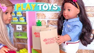 Baby Doll grocery shopping for fresh fruit and veggies Play Toys family story [upl. by Carry]