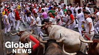 Spains Pamplona bull run returns in full force after 2year COVID hiatus [upl. by Normalie350]