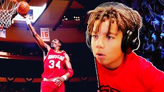 Kid basketball player REACTS to Hakeem Olajuwon Top 10 Plays [upl. by Amoakuh]