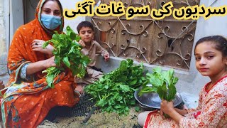 saag ka season aa gaya 😜 sardiyon ki sughat  desi khana  village life food  aynish vlog  family [upl. by Ellenij555]