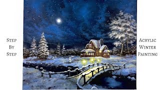 Snowy Winter Night STEP by STEP Acrylic Painting ColorByFeliks [upl. by Majka]