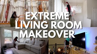 EXTREME LIVING ROOM MAKEOVER  DIY PROJECTS NEW FURNITURE RENTER FRIENDLY TIPS [upl. by Aubry]