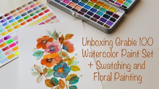 Unboxing Grabie 100 Watercolor Paint Set  Swatching  Floral Painting [upl. by Sanford693]